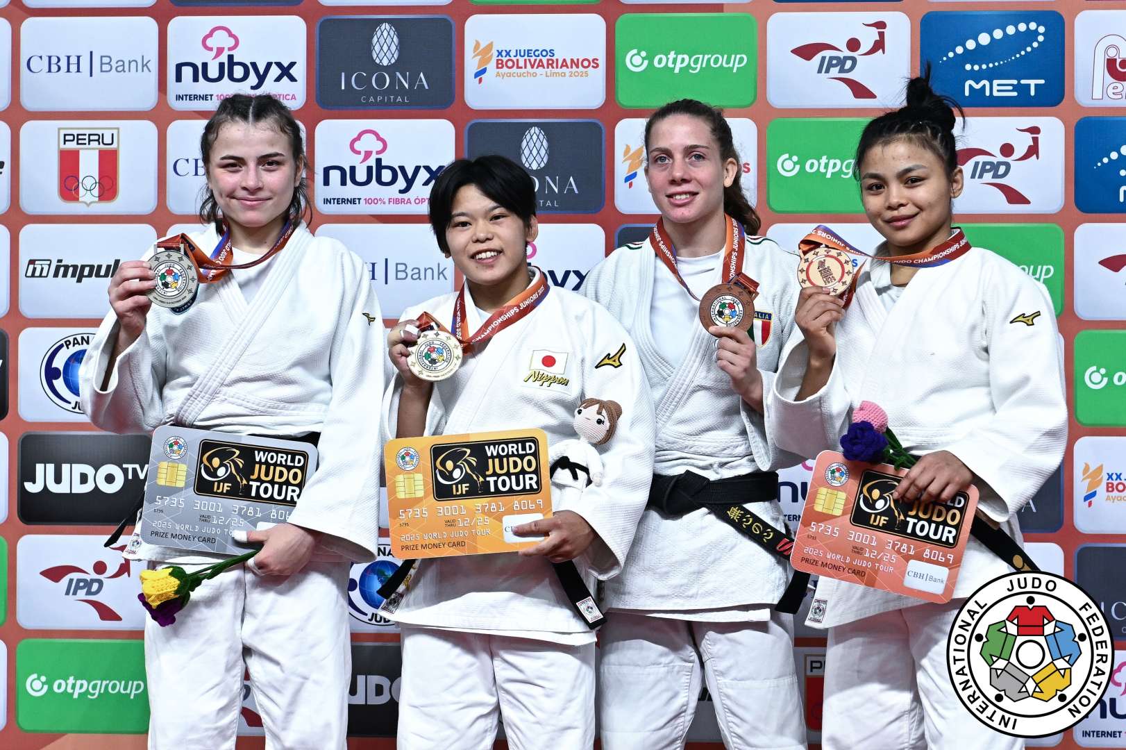 Linthoi Chanambam (right) on the podium with the other medallists at the 2025 World Junior Judo Championships in Lima