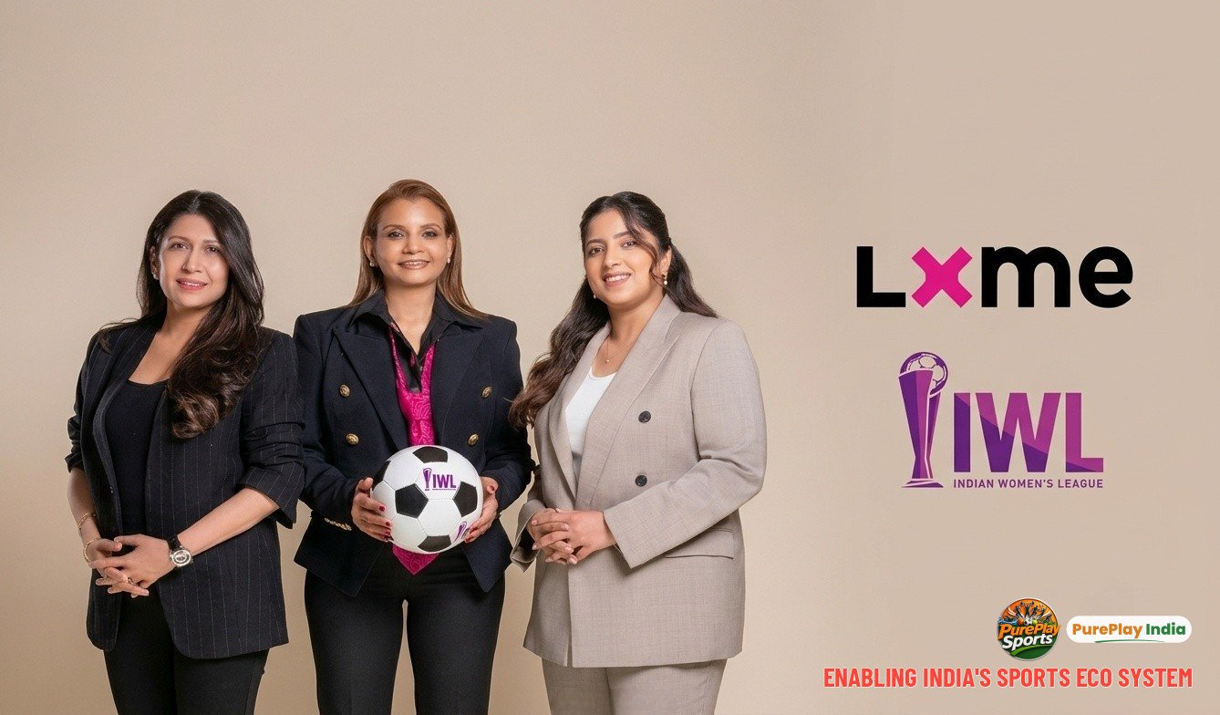 Lxme founder Priti Rathi Gupta holding an IWL football, flanked by Lxme co-founder Ridhi Kanoria Doongursee and Capri Sports director Jinisha Sharma, beside the Lxme and IWL logos