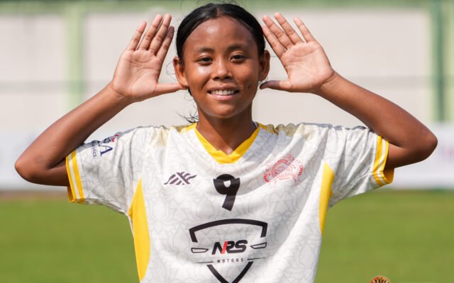 Herina of YWC, Manipur celebrates her winning goal against Sports Odisha