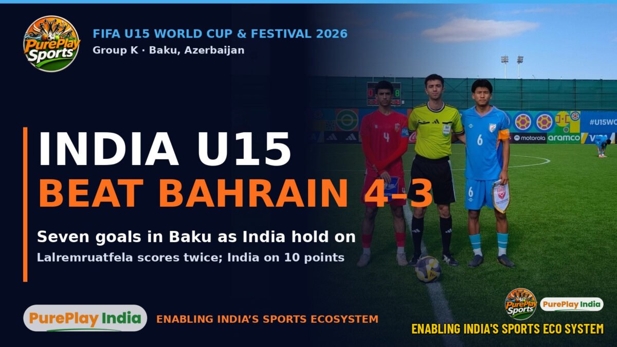 India U15 captain and Bahrain captain with the referee before the 4-3 win at the FIFA U15 World Cup and Festival in Baku