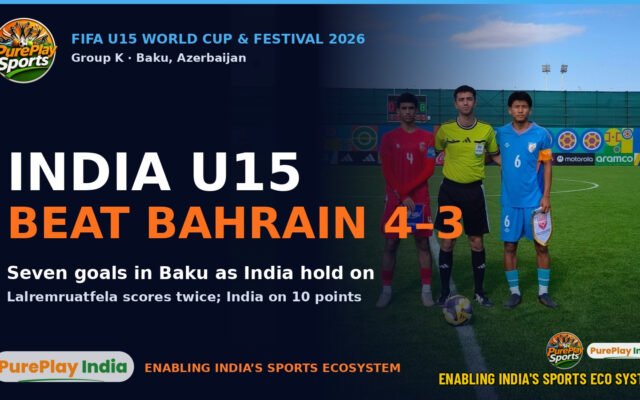 India U15 captain and Bahrain captain with the referee before the 4-3 win at the FIFA U15 World Cup and Festival in Baku