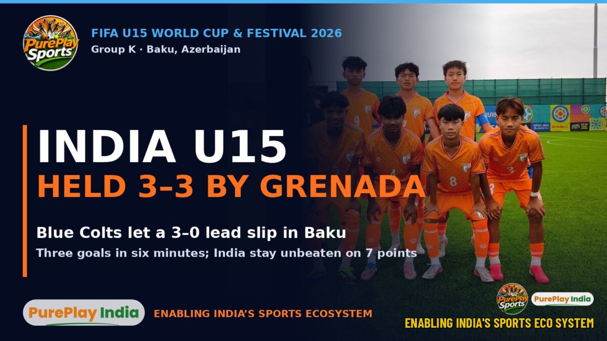 India U15 football players in orange shirts pose before the 3-3 draw with Grenada at the FIFA U15 World Cup and Festival in Baku