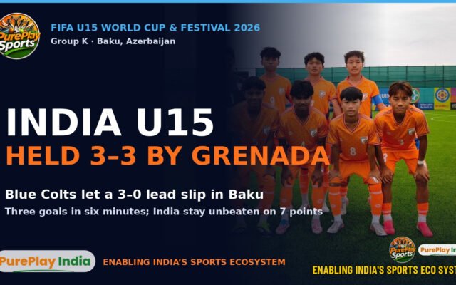 India U15 football players in orange shirts pose before the 3-3 draw with Grenada at the FIFA U15 World Cup and Festival in Baku