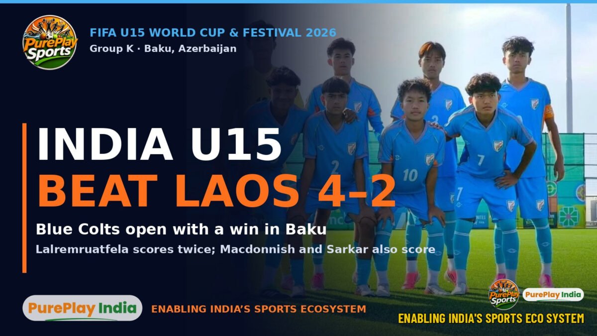 India U15 vs Laos graphic with the India U15 team photo and the headline India U15 beat Laos 4-2 at the FIFA U15 World Cup in Baku