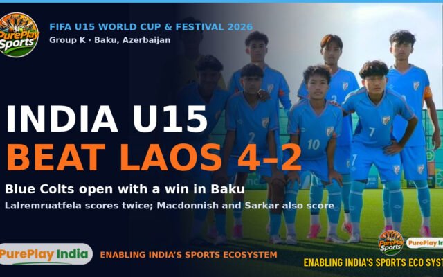 India U15 vs Laos graphic with the India U15 team photo and the headline India U15 beat Laos 4-2 at the FIFA U15 World Cup in Baku