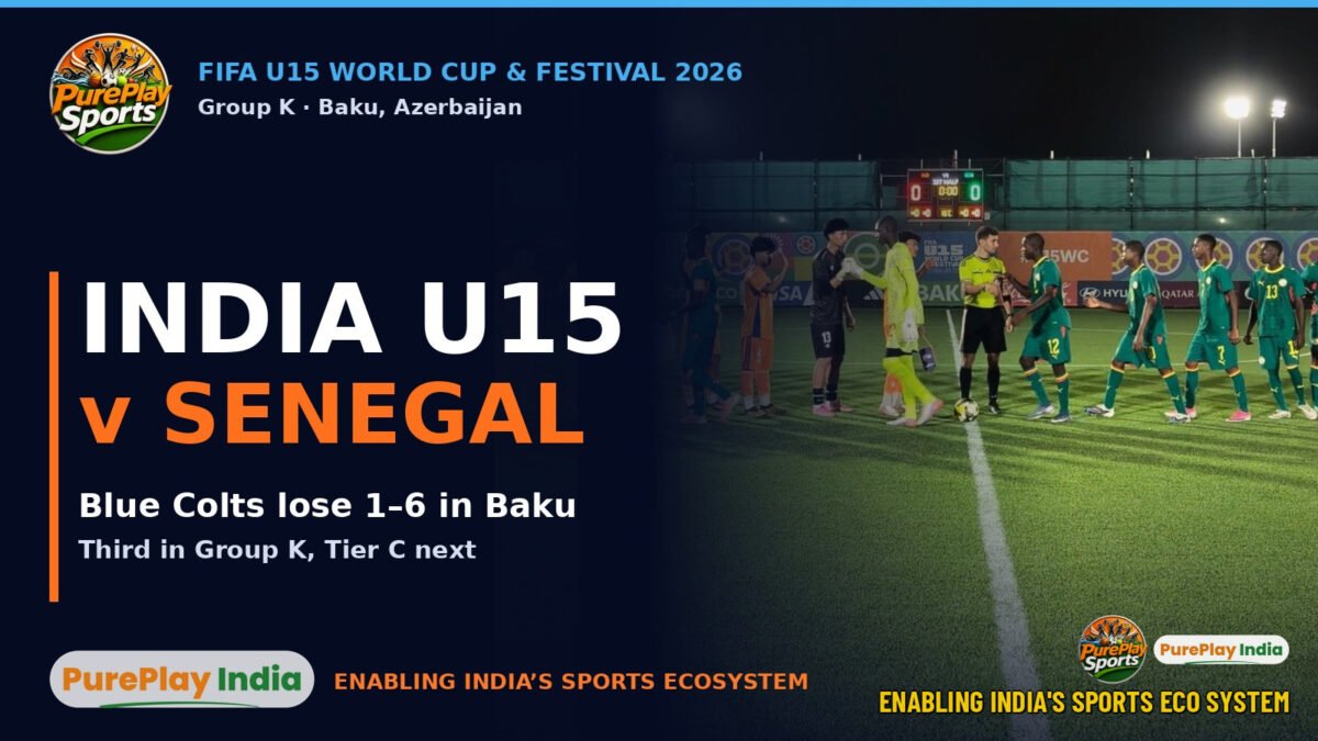 India U15 v Senegal at the FIFA U15 World Cup and Festival in Baku: the two teams line up before kick-off, India in orange and Senegal in green