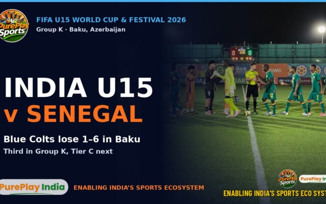 India U15 v Senegal at the FIFA U15 World Cup and Festival in Baku: the two teams line up before kick-off, India in orange and Senegal in green