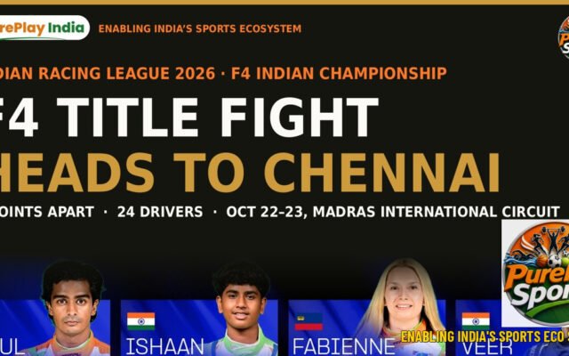 Indian Racing League 2026 and F4 title fight in Chennai graphic with the Goa Aces JA Racing drivers Raoul Hyman, Ishaan Madesh, Fabienne Wohlwend and Veer Amar Sheth
