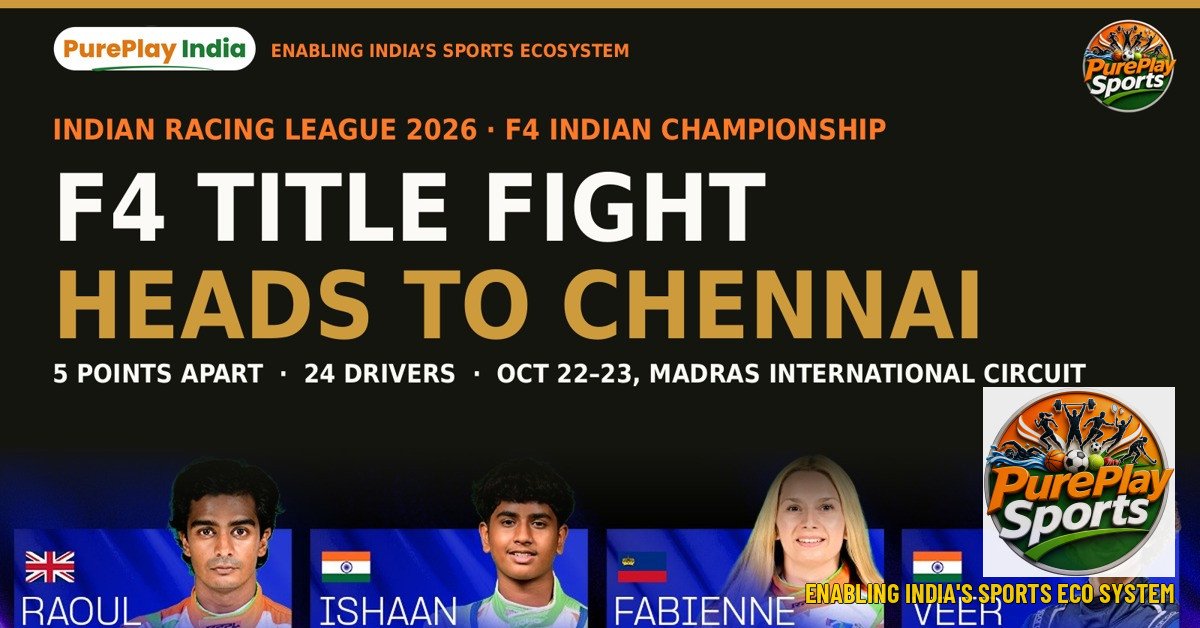 Indian Racing League 2026 and F4 title fight in Chennai graphic with the Goa Aces JA Racing drivers Raoul Hyman, Ishaan Madesh, Fabienne Wohlwend and Veer Amar Sheth