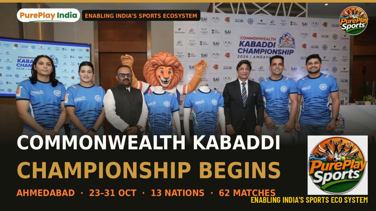 India players, officials and the lion mascot with the official jerseys at the Commonwealth Kabaddi Championship 2026 curtain-raiser in Ahmedabad