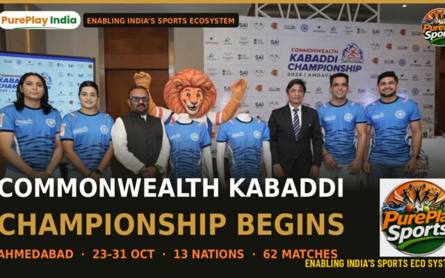 India players, officials and the lion mascot with the official jerseys at the Commonwealth Kabaddi Championship 2026 curtain-raiser in Ahmedabad