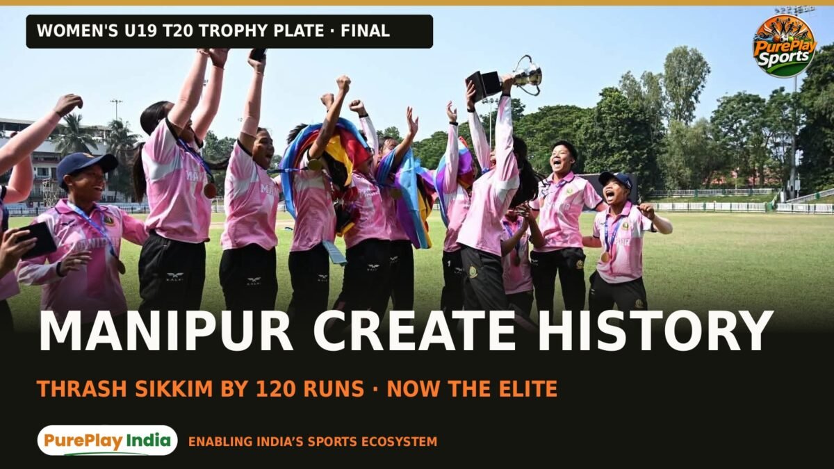 Manipur U19 Women players in pink jump and cheer with medals and flags as one lifts the Plate trophy, with the text Manipur create history, thrash Sikkim by 120 runs, now the Elite