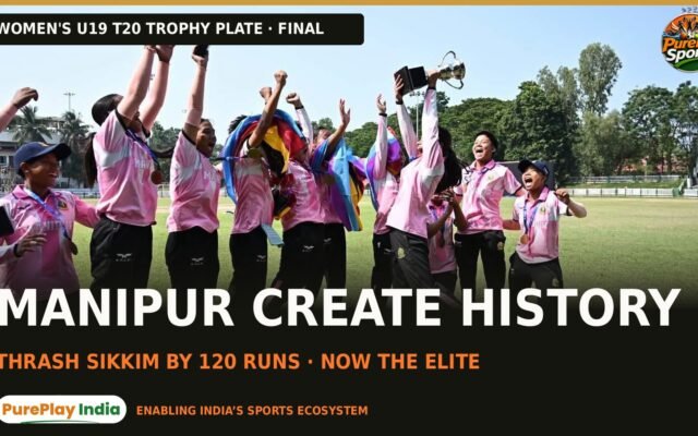 Manipur U19 Women players in pink jump and cheer with medals and flags as one lifts the Plate trophy, with the text Manipur create history, thrash Sikkim by 120 runs, now the Elite