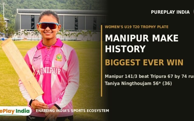 Manipur U19 Women cricketer smiling with her bat at the ACA Cricket Academy Ground, beside the text Manipur make history, biggest ever win
