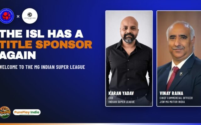 Karan Yadav, ISL CEO, and Vinay Raina of JSW MG Motor India with the ISL and MG logos for the MG Indian Super League 2026-27