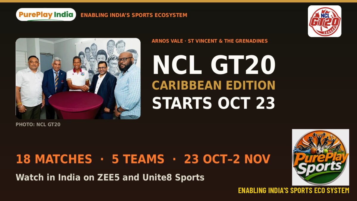 Officials at the announcement of the NCL GT20 Caribbean Edition 2026 beside the NCL GT20 Canada logo and the headline, starts October 23