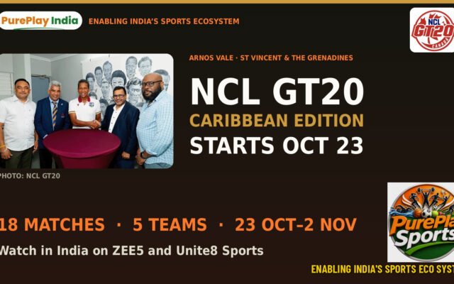 Officials at the announcement of the NCL GT20 Caribbean Edition 2026 beside the NCL GT20 Canada logo and the headline, starts October 23